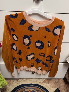 Bold Mustard Animal Print Sweater with Navy Accents